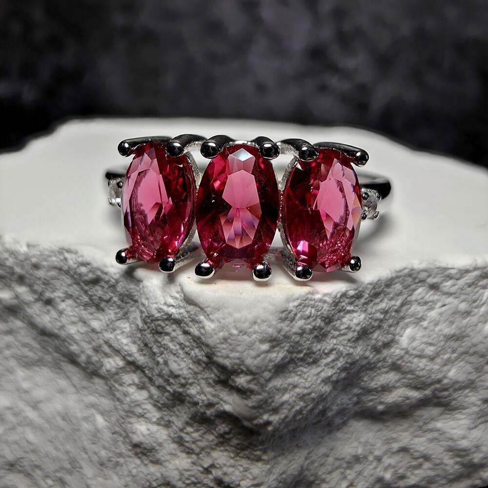 Natural Ruby Three-Stone Ring in 925 Sterling Silver – Size 7